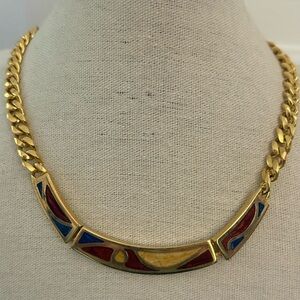 Monet Vintage Gold-tone Necklace Red & Blue Enameled Articulated Center Piece.